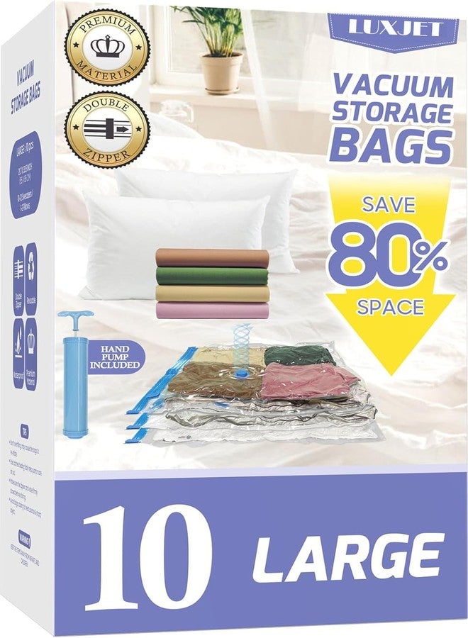 LUXJET 10 Pack Large Vacuum Storage Bags with Hand Pump, 80% Storage Space Saving, Sturdy Leak-Free Space Saver Vacuum Seal Bags for Clothing, Vacuum Compression Bags for Travel Lugggage - Image 1